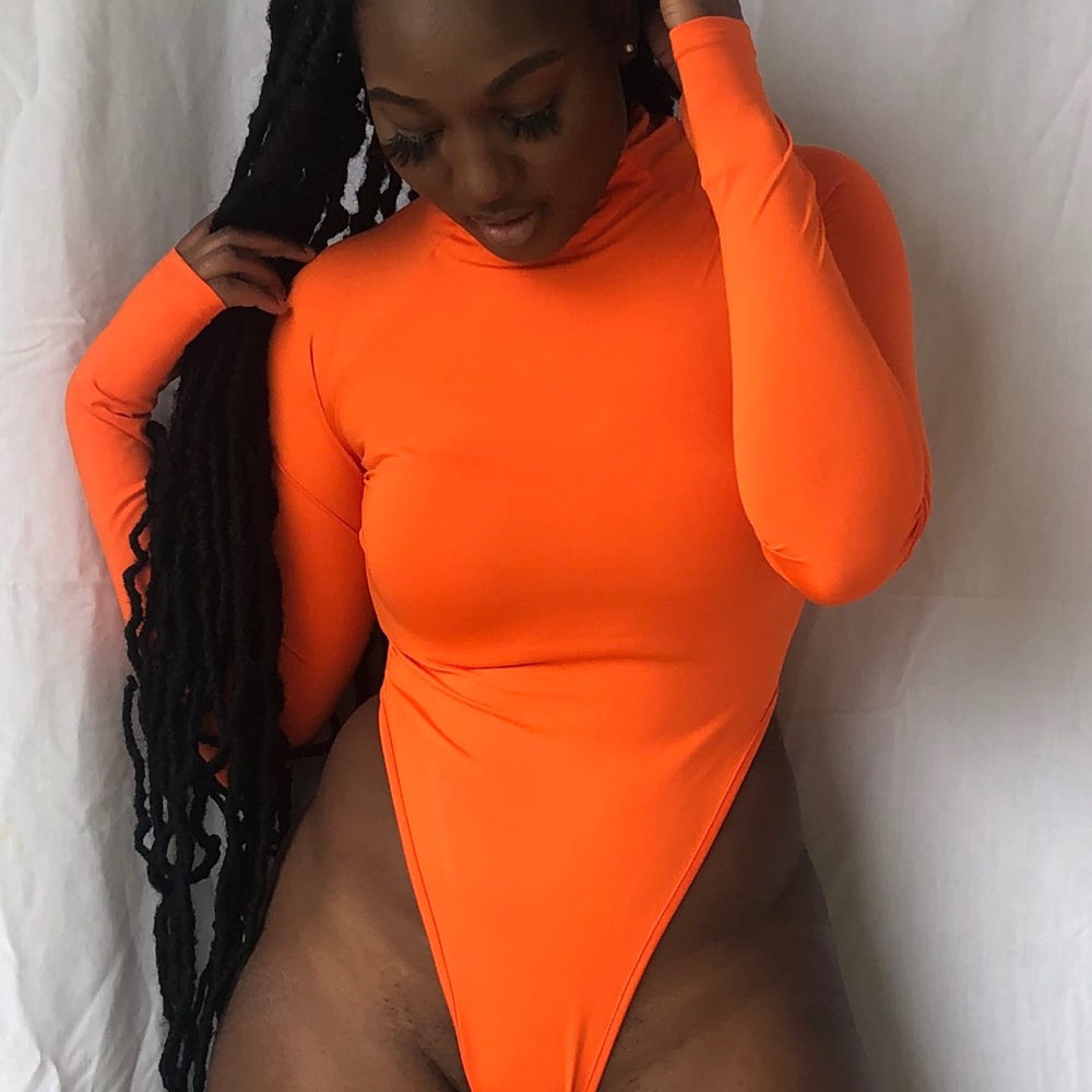 Orange High Leg Mockneck Bodysuit with Thumbholes